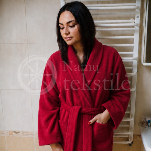 Medvilninis švelnus frotinis chalatas su apykakle bordo spalvos (BURGUNDY)