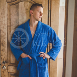Medvilninis švelnus frotinis chalatas su apykakle mėlynos spalvos (ROYAL BLUE)