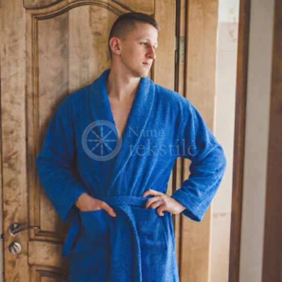 Medvilninis švelnus frotinis chalatas su apykakle mėlynos spalvos (ROYAL BLUE)