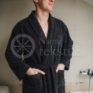Medvilninis švelnus frotinis chalatas su apykakle juodos spalvos (BLACK)