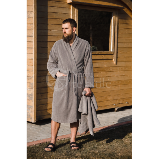 Medvilninis švelnus frotinis chalatas su apykakle pilkos spalvos (NEUTRAL GREY)