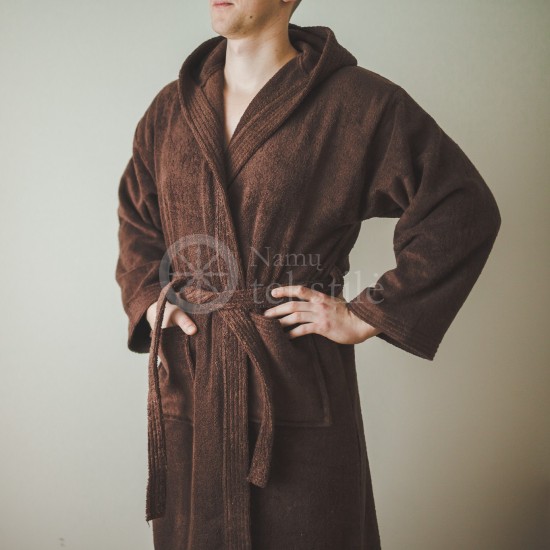 Medvilninis švelnus frotinis chalatas su gobtuvu rudos spalvos (CHOCOLATE)