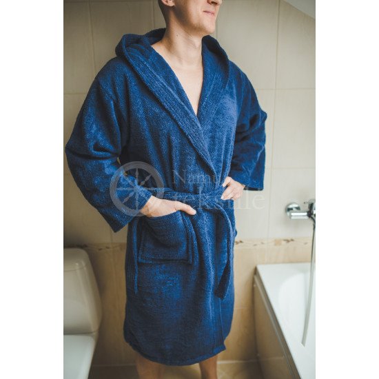 Cotton bathrobe with a hood ,,Dark blue"