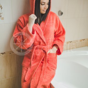 Cotton bathrobe with a hood ,,Coral"