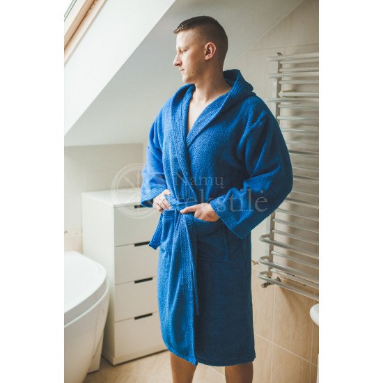 Cotton bathrobe with a hood ,,Blue"