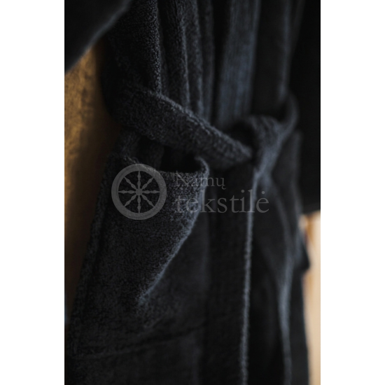 Medvilninis švelnus frotinis chalatas su gobtuvu juodos spalvos (BLACK)