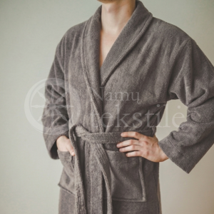 Medvilninis švelnus frotinis chalatas su apykakle pilkos spalvos (NEUTRAL GREY)