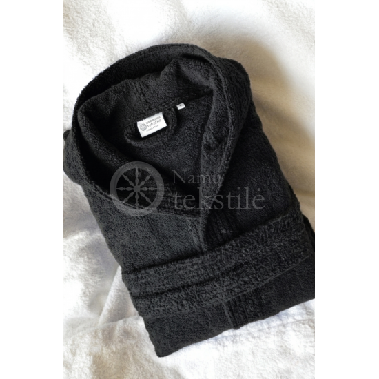 Medvilninis švelnus frotinis chalatas su gobtuvu juodos spalvos (BLACK)
