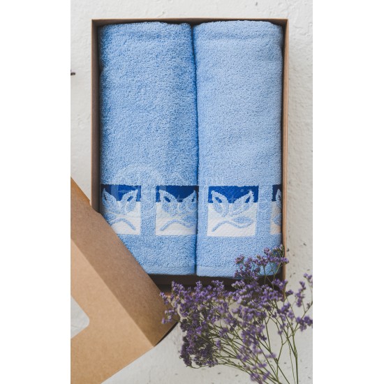 Cotton terry bath towel with leaves "SKY BLUE"