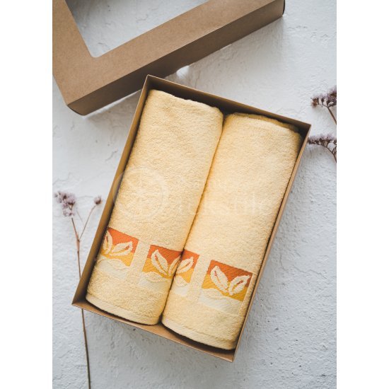 Cotton terry bath towel with leaves "YELLOW"