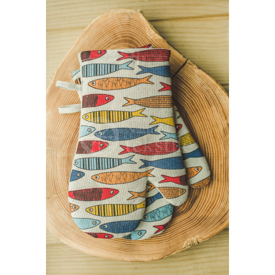 Colourful half-linen oven mitt "Žuvys"