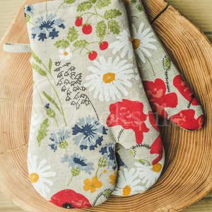 Colourful half-linen oven mitt "Aguonos"