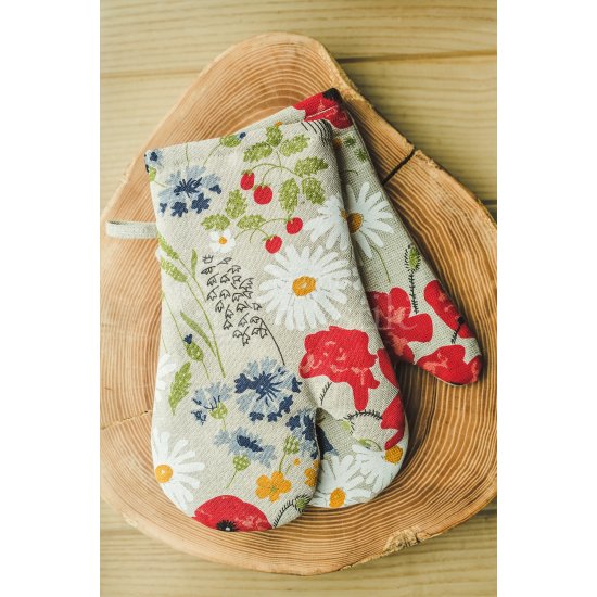 Colourful half-linen oven mitt "Aguonos"