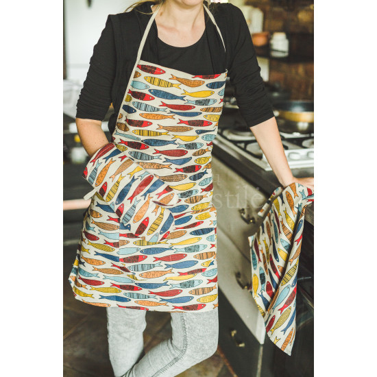 Colourful half-linen kitchen apron "Žuvys"