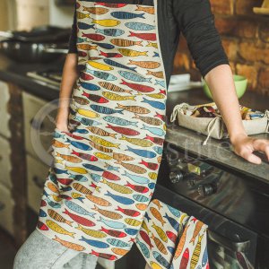 Colourful half-linen kitchen apron "Žuvys"