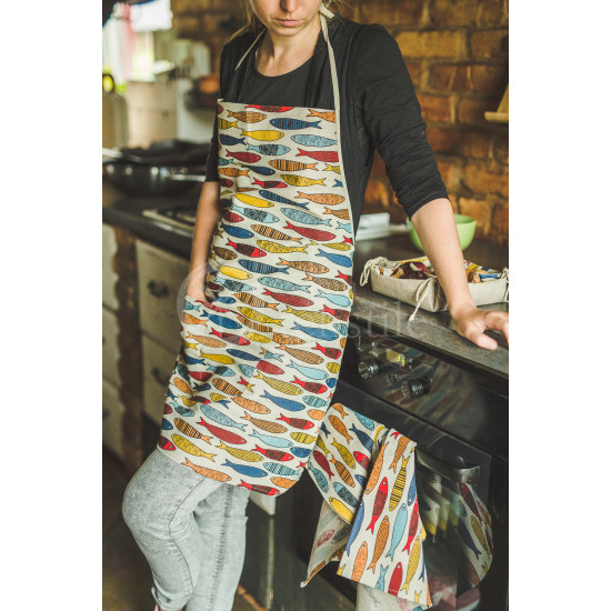 Colourful half-linen kitchen apron "Žuvys"