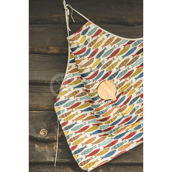 Colourful half-linen kitchen apron "Žuvys"