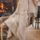 Wool blanket with fringes "Dryželiai" beige