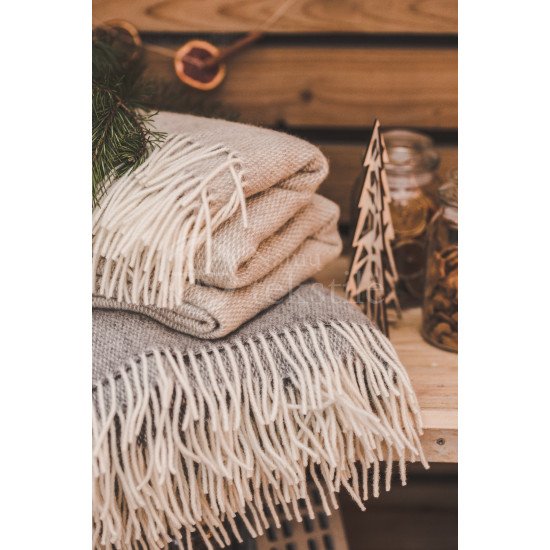 Wool blanket with fringes "Dryželiai" grey